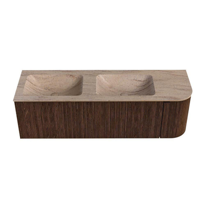 MONDIAZ KURVE-DLUX 145cm badmeubel ronding Rechts kleur Walnut met 1 lade en 1 deur. Wastafel LEAF Dubbel / Links zonder kraangat Saba.