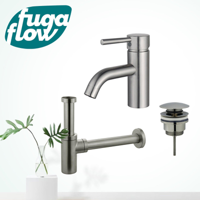 FugaFlow Eccelente Sobrado Badkamer Wastafelkraanset - lage wastafelkraan - klikwaste plug - design sifon - PVD Geborsteld RVS