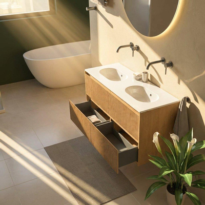Saniclass Holz Atelier Ensemble meuble de salle de bains - 120x45x74cm - lavabo Chaci en céramique blanc - 2 vasques - sans trous de robinetterie - 2 tiroirs - chêne natural mat (bois)
