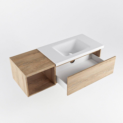 MONDIAZ BUKLA 120cm badmeubel met open module 40 kleur Washed Oak met 1 lade. Wastafel CLOUD rechts 1 kraangat kleur Talc.