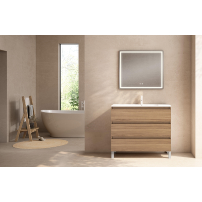 Saniclass Chaci PLUS Meuble bas de salle de bains - 100x86x46cm - 3 tiroirs - Poignée intégrée - MFC - chêne chaud
