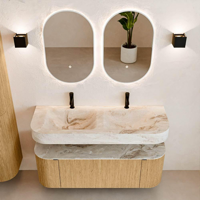 MONDIAZ THOR-DLUX 130cm meuble de salle de bains arrondi gauche + droite couleur Oak avec 1 tiroir et 2 portes. Vasque suspendue CLOUD Double 2 trous de robinet couleur Frappe.