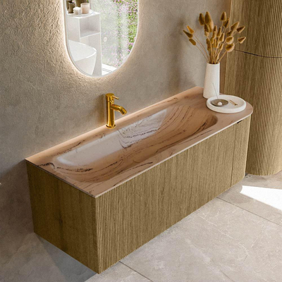 MONDIAZ KURVE-DLUX Meuble de salle de bains 125cm arrondi à droite couleur Dusk avec 1 tiroir et 1 porte. Lavabo BIG MEDIUM gauche 1 trou de robinet Arena.
