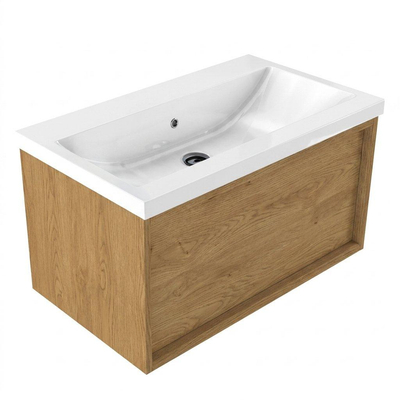 Saniclass Holz Frame Ensemble meuble de salle de bains - 80x45x43.5cm - lavabo en céramique Bari blanc - 1 vasque - sans trou de robinetterie - 1 tiroir - chêne naturel mat (bois)