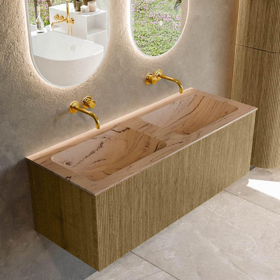 MONDIAZ KURVE-DLUX Meuble de salle de bains 120cm couleur Dusk avec 1 tiroir et 0 porte. Lavabo LEAF Double sans trou de robinet Arena.