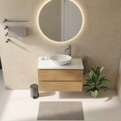 Saniclass Holz Pure Ensemble de meubles de salle de bains - 100x45x63cm - Plan vasque en marbre Dia poli (blanc) - 1 trou de robinetterie - 2 tiroirs - chêne natural mat (bois)