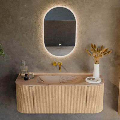 MONDIAZ KURVE-DLUX Meuble de salle de bains 120cm arrondi Gauche + Droite couleur Chêne avec 1 tiroir et 2 portes. Lavabo BIG SMALL Milieu sans trou de robinet Arena.