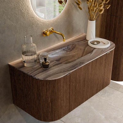 MONDIAZ KURVE-DLUX Meuble de salle de bains 100cm arrondi Gauche + Droite couleur Walnut avec 1 tiroir et 2 portes. Vasque GRUNNE Centrale sans trou de robinet Sombra.