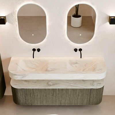 MONDIAZ THOR-DLUX 160cm meuble de salle de bains arrondi gauche + droite couleur Shadow avec 1 tiroir et 2 portes. Vasque suspendue CLOUD Double sans trou de robinet couleur Ostra.