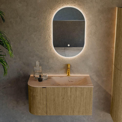 MONDIAZ KURVE-DLUX Meuble de salle de bains 85cm arrondi à gauche couleur Dusk avec 1 tiroir et 1 porte. Lavabo CLOUD à droite 1 trou de robinet Arena.