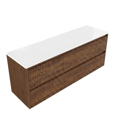 Saniclass Holz Atelier Ensemble de meubles de salle de bains - 160x45x62.5cm - plan de toilette Torino en solid surface blanc - sans trou de robinetterie - 4 tiroirs - walnut pure mat (bois)