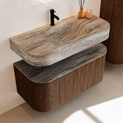 MONDIAZ THOR-DLUX 100cm badmeubel ronding links + rechts kleur Walnut met 1 lade en 2 deuren. Vrijhangende wastafel CLOUD Midden 1 kraangat kleur Oza.