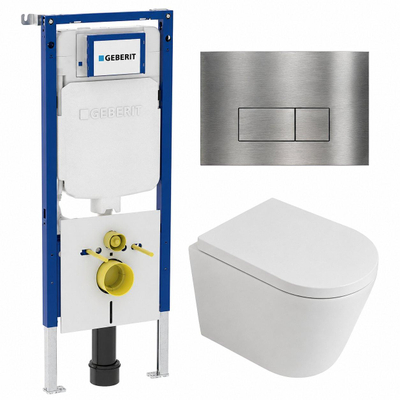 QeramiQ Dely Toiletset - 36.3x51.7cm - diepspoel - rimless - Geberit UP720 inbouwreservoir - softclose toilet zitting - 35mm - steel bedieningsplaat - rechthoekige knoppen - mat wit
