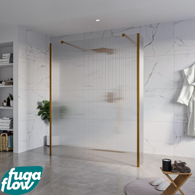 FugaFlow Eccelente Vetro Douche à l'italienne libre - 160x200cm - Clair strié - anti-calcaire - verre de sécurité 8mm - 2 parois latérales 30cm - avec bras muraux et profils d'angle - Cuivre brossé -