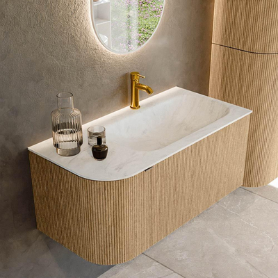 MONDIAZ KURVE-DLUX meuble de salle de bains 95cm avec module 25 L couleur Oak avec 1 tiroir et 1 porte. Lavabo BIG SMALL droite 1 trou de robinet couleur Opalo.