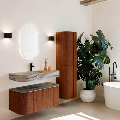 MONDIAZ THOR-DLUX 100cm meuble de salle de bains arrondi gauche + droite couleur Ruby avec 1 tiroir et 2 portes. Vasque suspendue CLOUD Milieu 1 trou de robinet couleur Sombra.