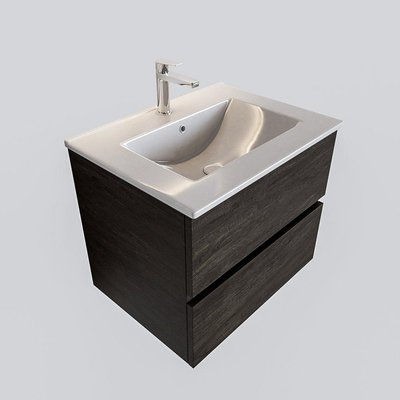 MONDIAZ VICA Badkamermeubelset - 60cm - 2 lades - wasbak Denia midden - 1 kraangat - keramiek dark brown
