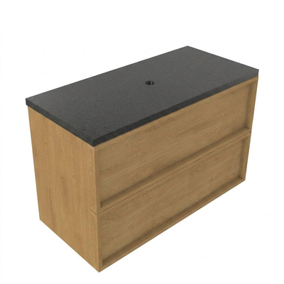 Saniclass Holz Frame Ensemble de meubles de salle de bains - 100x45x63cm - plan vasque en basalte Noche poli (noir) - sans trou de robinet - 2 tiroirs - chêne naturel mat (bois)