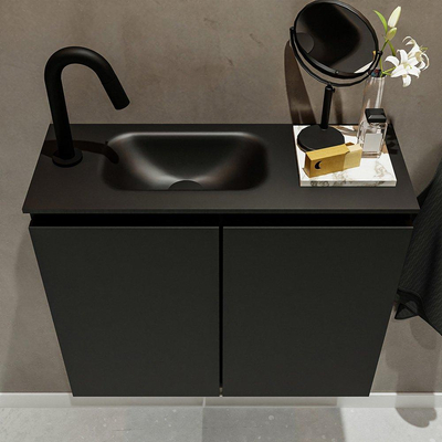 MONDIAZ TURE Fonteinset - 60x23x50cm - 1 kraangat - 2 deuren - urban mat - Wasbak links - Solid Surface Zwart