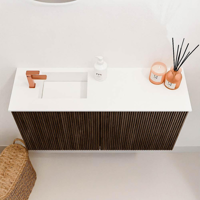 Mondiaz JOYA 80cm meuble de salle de bains - couleur Walnut - Vasque FAYE position Gauche 1 trou de robinet couleur Talc.