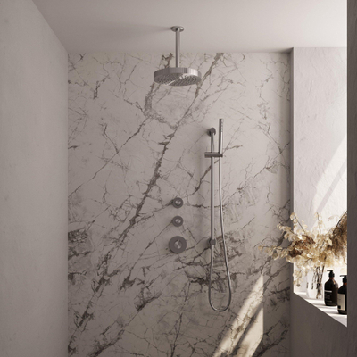 BRAUER Stripe Douche de tête thermostatique encastrée - SET 09 - pomme de douche 25cm - bras plafond - douchette à main avec barre coulissante intégrée - flexible de douche - finition PVD brossée couleur inox