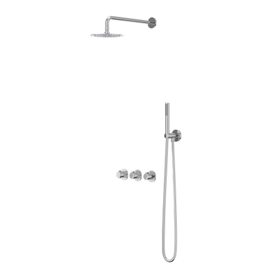 IVY Pact Ensemble de douche de pluie - encastré - symmetry - 2 robinets d'arrêt - bras de plafond 15 cm - grande douche de tête slim 30 cm - support avec sortie - flexible de douche 150 cm - douchette satin spray - Chrome
