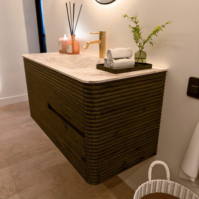 Mondiaz CIRO-DLUX Badkamermeubelset - 100x45x50cm - Solid surface wastafel Frappe - 1 wasbak Midden - 1 kraangat - 2 lades - Shadow