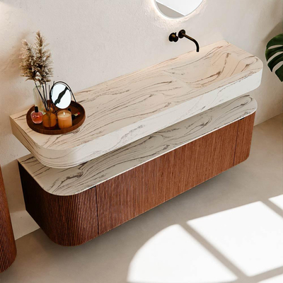 MONDIAZ THOR-DLUX 160cm meuble de salle de bains arrondi gauche + droite couleur Ruby avec 1 tiroir et 2 portes. Vasque suspendue CLOUD Droite sans trou de robinet couleur Nata.