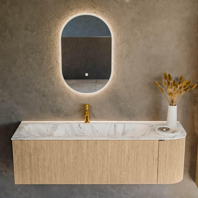MONDIAZ KURVE-DLUX 145cm meuble de salle de bains avec module 25 R couleur chêne avec 1 tiroir et 1 porte. Vasque BIG LARGE gauche 1 trou de robinet couleur Glace.