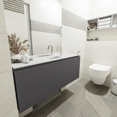 MONDIAZ OLAN Toiletmeubel 120x30x40cm met 1 kraangaten 1 lades dark grey mat Wastafel Lex midden Solid Surface Wit