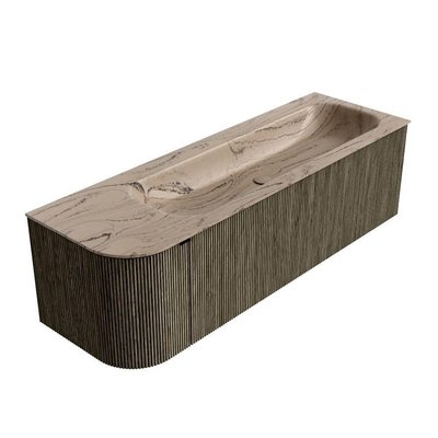 MONDIAZ KURVE-DLUX Meuble de salle de bains 145cm arrondi à gauche couleur Shadow avec 1 tiroir et 1 porte. Lavabo BIG LARGE à droite 2 trous de robinet Arena.