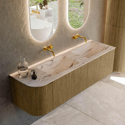 MONDIAZ KURVE-DLUX Meuble de salle de bains 155cm arrondi à gauche couleur Dusk avec 2 tiroirs et 1 porte. Lavabo LEAF Double / à droite sans trou de robinet Nata.