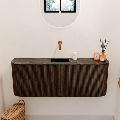 Mondiaz JOYA-DLUX 113.2cm toiletmeubel - ronding links en rechts kleur Walnut - Wastafel FAYE positie Midden Zonder kraangat kleur Lava.