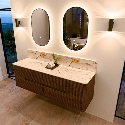 Mondiaz CIRO-DLUX Badkamermeubelset - 160x45x50cm - Solid surface wastafel Nata - 2 wasbak Dubbel - zonder kraangaten - 4 lades - Dusk