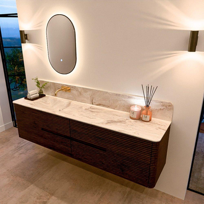 Mondiaz CIRO-DLUX Badkamermeubelset - 190x45x50cm - Solid surface wastafel Frappe - 1 wasbak Links - zonder kraangaten - 4 lades - Walnut