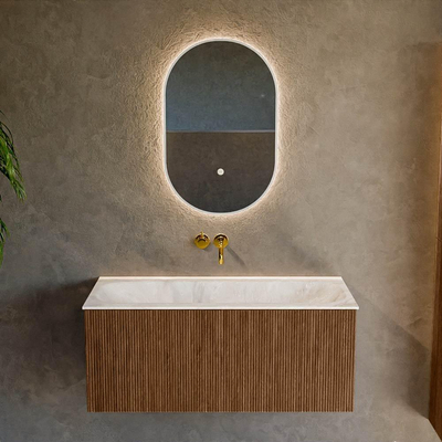 MONDIAZ KURVE-DLUX 100cm Meuble salle de bain - couleur Walnut - 1 tiroir - vasque BIG MEDIUM centre - sans trou de robinet - couleur Frappe