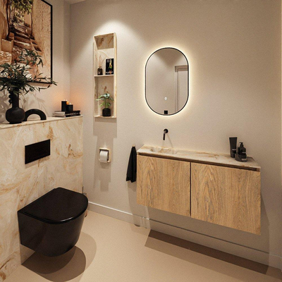 MONDIAZ TURE-DLUX Meuble toilette - 100cm - Washed Oak - EDEN - vasque Frappe - position gauche - sans trou de robinet