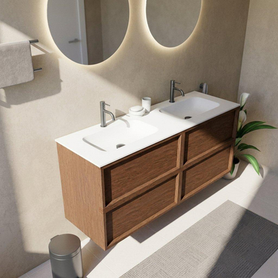 Saniclass Holz Frame Ensemble de meubles de salle de bains - 140x45x61.5cm - lavabo Flow en solid surface blanc - 2 vasques - 2 trous de robinet - 4 tiroirs - walnut pure mat (bois)