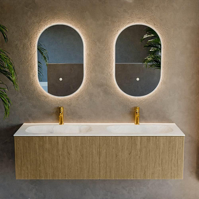 Mondiaz KURVE-DLUX Ensemble de meuble salle de bain - 150x46x40cm - 2 tiroirs - lavabo en solid surface - double - 2 trous de robinet - Dusk
