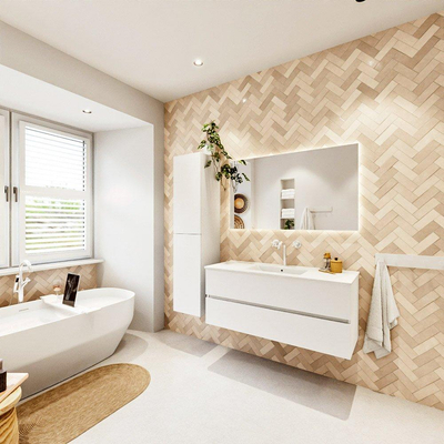 MONDIAZ VICA meuble sous lavabo 120cm Talc 2 tiroirs. Lavabo DENIA centre 1 trou de robinet, couleur Blanc Brillant.
