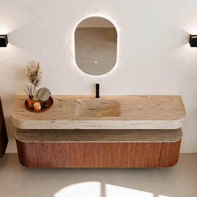 MONDIAZ THOR-DLUX 190cm meuble de salle de bains arrondi gauche + droite couleur Ruby avec 2 tiroirs et 2 portes. Vasque suspendue CLOUD Milieu 1 trou de robinet couleur Arena.