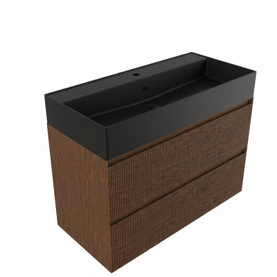 Saniclass Holz Atelier Badkamermeubelset - 100x45x72cm - Legend keramische wastafel mat zwart - 1 wasbak - zonder kraangat - 2 lades - mat walnut pure (hout)