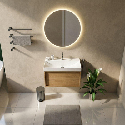 Saniclass Holz Frame Ensemble de meubles de salle de bains - 80x45x47.5cm - lavabo Wave en céramique - 1 vasque - 1 trou de robinetterie - 1 tiroir - chêne naturel mat (bois)