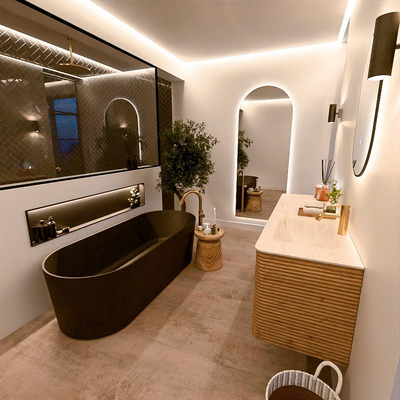 Mondiaz CIRO-DLUX Meuble de salle de bains - 150x45x50cm - Plan-vasque solid surface Meli - 1 vasque à droite - 1 trou de robinet - 4 tiroirs - Chêne