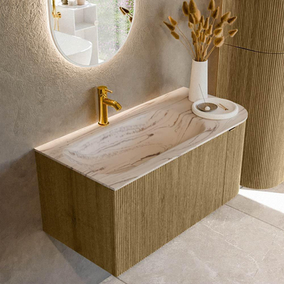 MONDIAZ KURVE-DLUX Meuble de salle de bains 95cm arrondi à droite couleur Dusk avec 1 tiroir et 1 porte. Lavabo BIG SMALL à gauche 1 trou de robinet Nata.