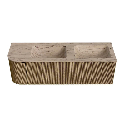 MONDIAZ KURVE-DLUX Meuble de salle de bains 145 cm arrondi à gauche couleur Dusk avec 1 tiroir et 1 porte. Lavabo LEAF Double / Droite 2 trous de robinet Arena.
