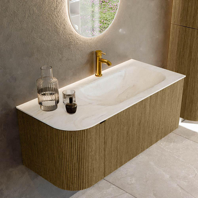Mondiaz KURVE-DLUX Badkamermeubelset - 105x46x40cm - 1 lade - 1 deur - wastafel solid surface - rechts - 1 kraangat - Dusk