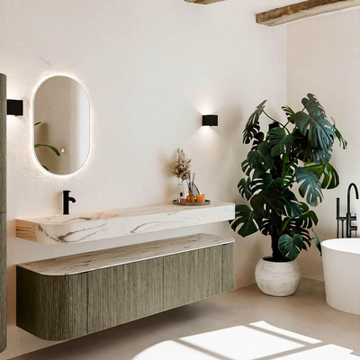 MONDIAZ THOR-DLUX 180cm meuble de salle de bains arrondi gauche + droite couleur Shadow avec 2 tiroirs et 2 portes. Vasque suspendue CLOUD gauche 1 trou de robinet couleur Nata.