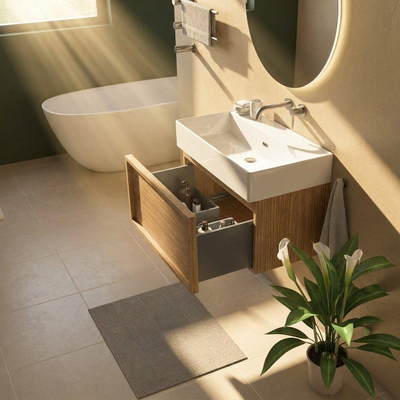 Saniclass Holz Frame Ensemble de meubles de salle de bains - 80x45x52cm - Legend lavabo en céramique blanc - 1 vasque - sans trou de robinet - 1 tiroir - chêne natural mat (bois)