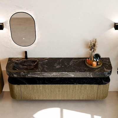 MONDIAZ THOR-DLUX 200cm badmeubel ronding links + rechts kleur Dusk met 2 lades en 2 deuren. Vrijhangende wastafel CLOUD Links 1 kraangat kleur Lava.